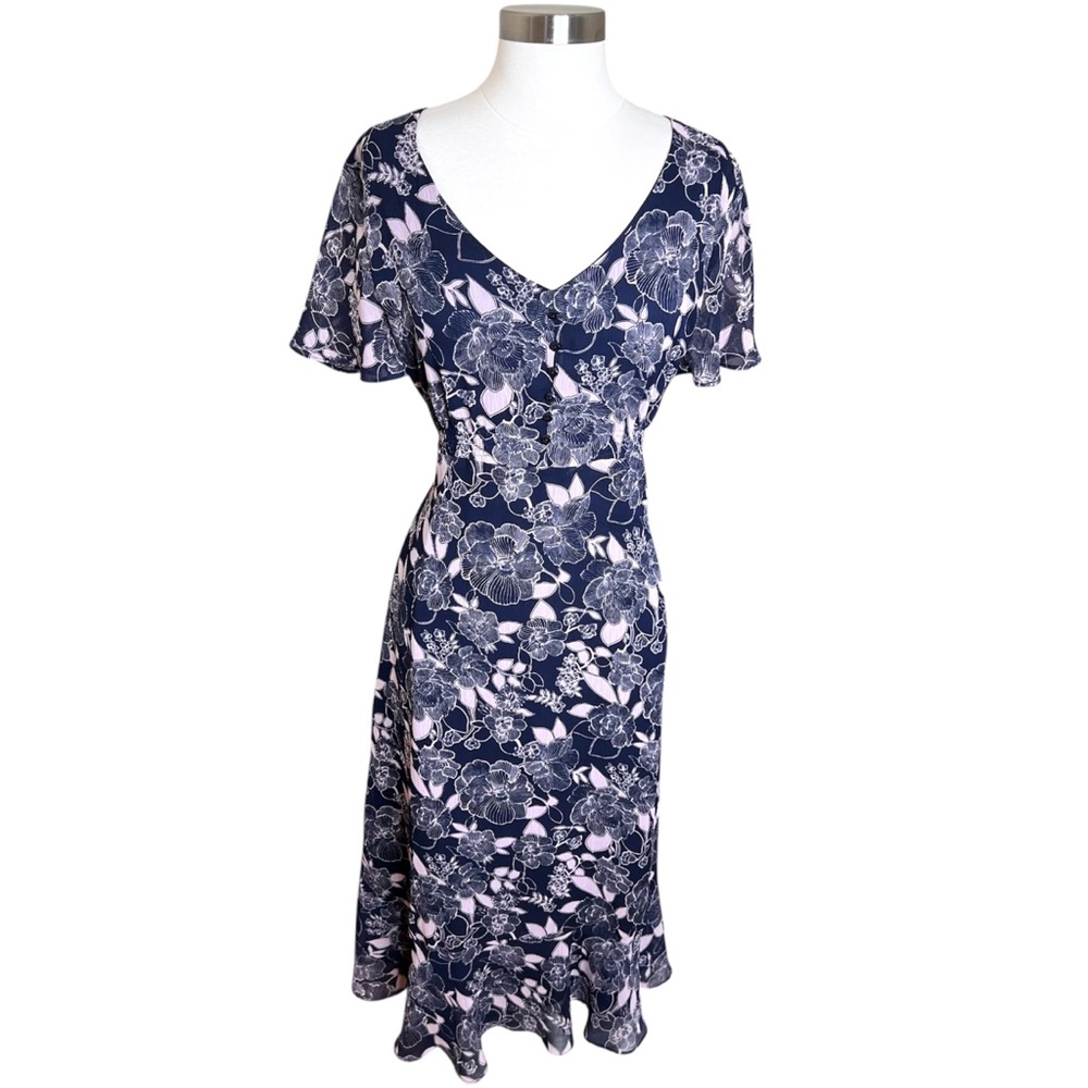 Sag Harbor Navy and Light Pink Floral Midi Dress V Neck Short Sleeve Ruffled M
